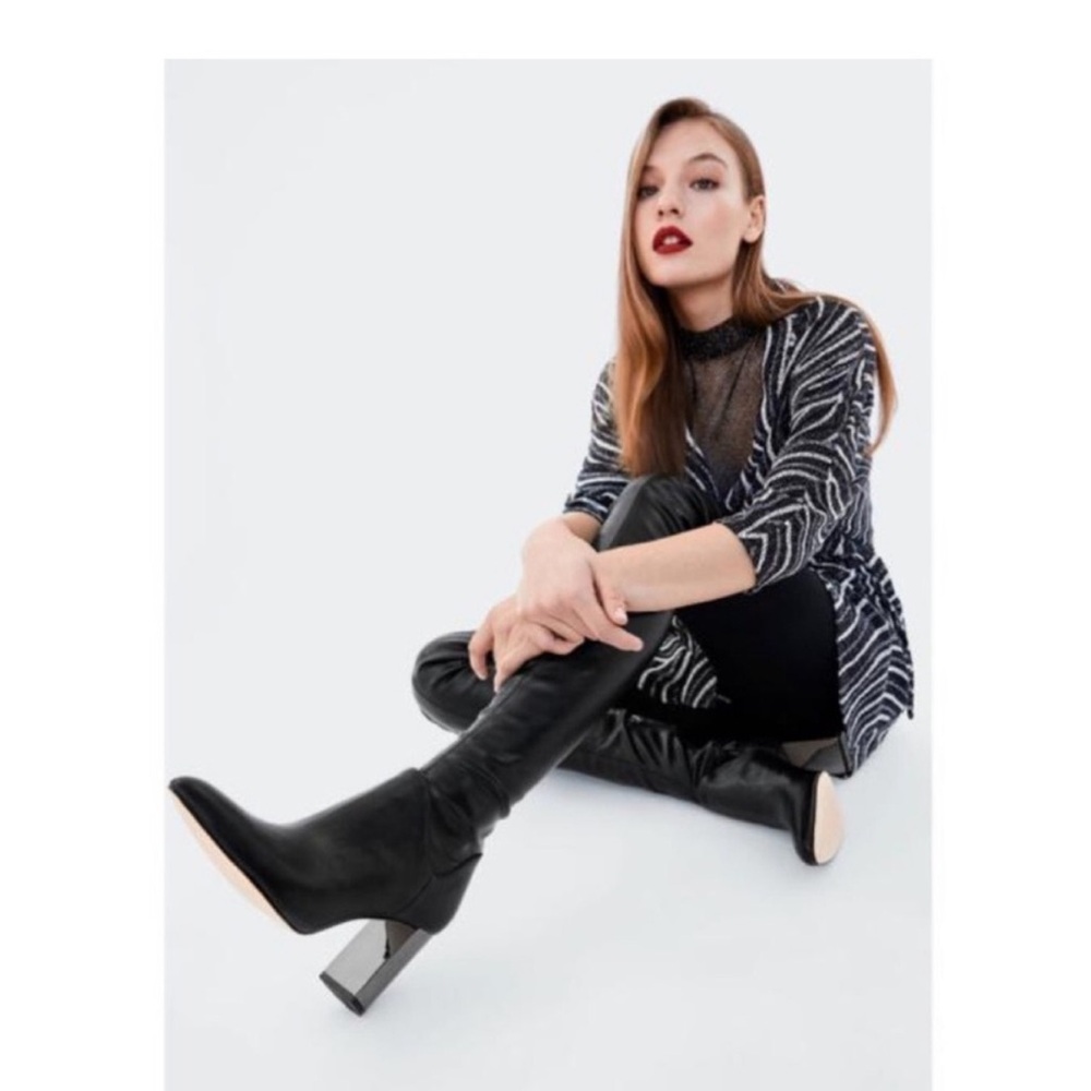 Zara over the knee tall shiny elastic boots silver heels Looking like NEW 🔥🔥🔥